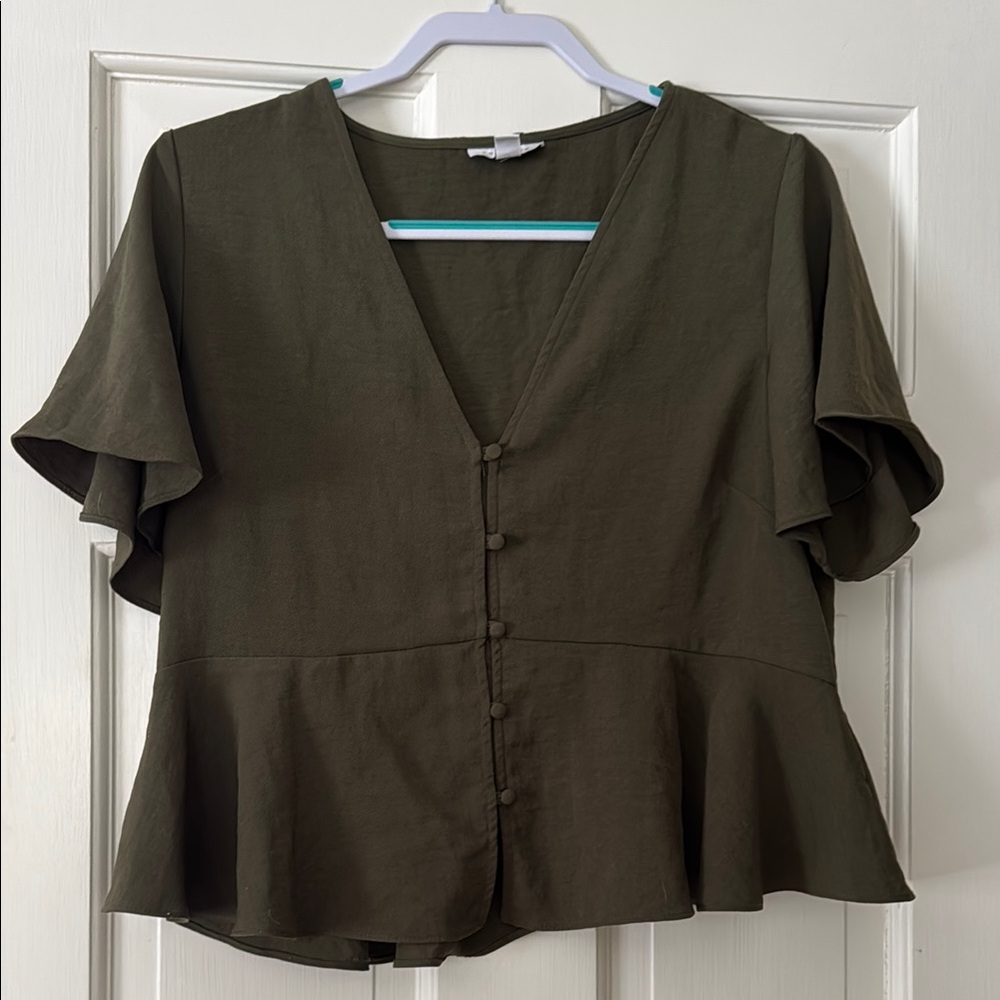 Topshop Olive Green Flutter Sleeve Peplum Blouse